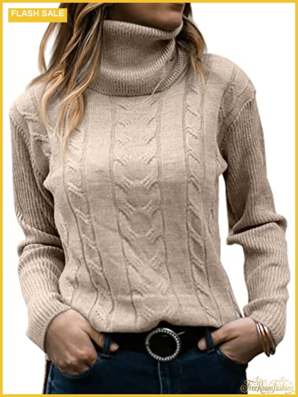 Womens Turtleneck Long Sleeve Cable Knit Pullover Sweater Slim Fit